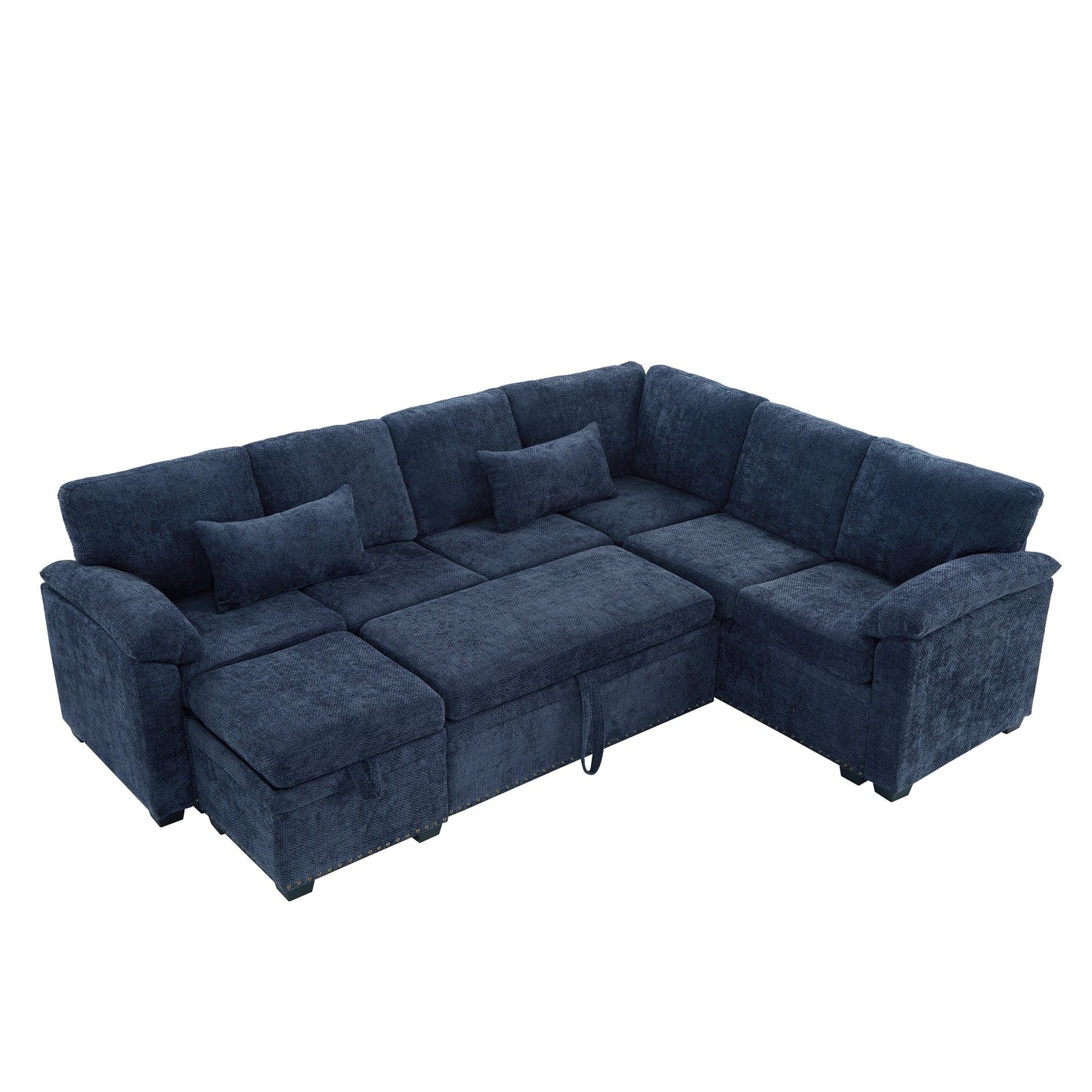 Canapé sectionnel moderne en chenille en forme de L avec canapé-lit gigogne, sièges de rangement, pouf et 2 oreillers pour le salon