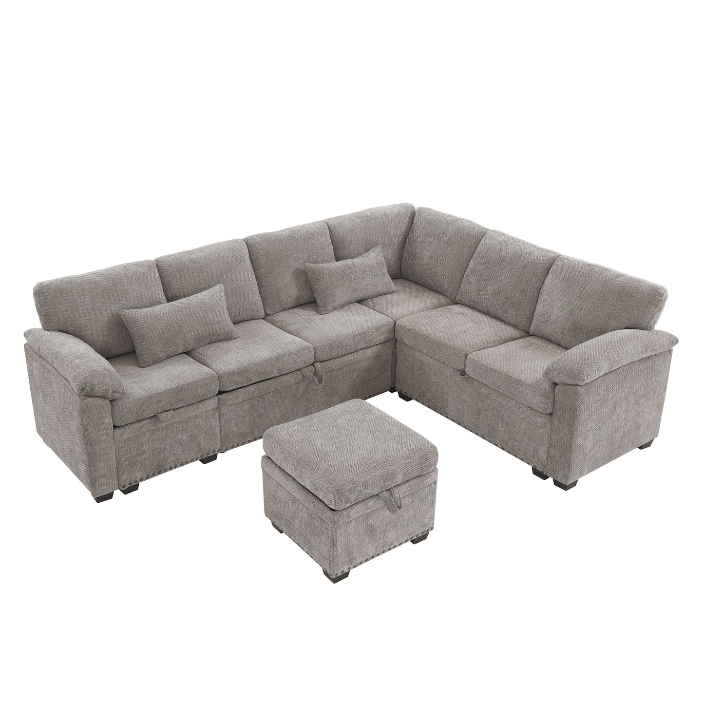 Canapé sectionnel moderne en chenille en forme de L avec canapé-lit gigogne, sièges de rangement, pouf et 2 oreillers pour le salon