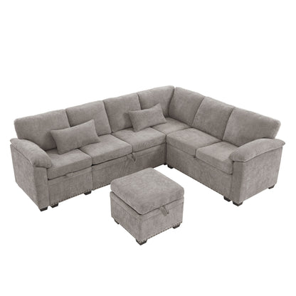 Canapé sectionnel moderne en chenille en forme de L avec canapé-lit gigogne, sièges de rangement, pouf et 2 oreillers pour le salon