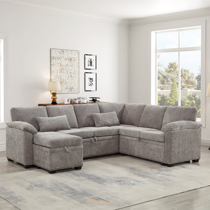 Canapé sectionnel moderne en chenille en forme de L avec canapé-lit gigogne, sièges de rangement, pouf et 2 oreillers pour le salon