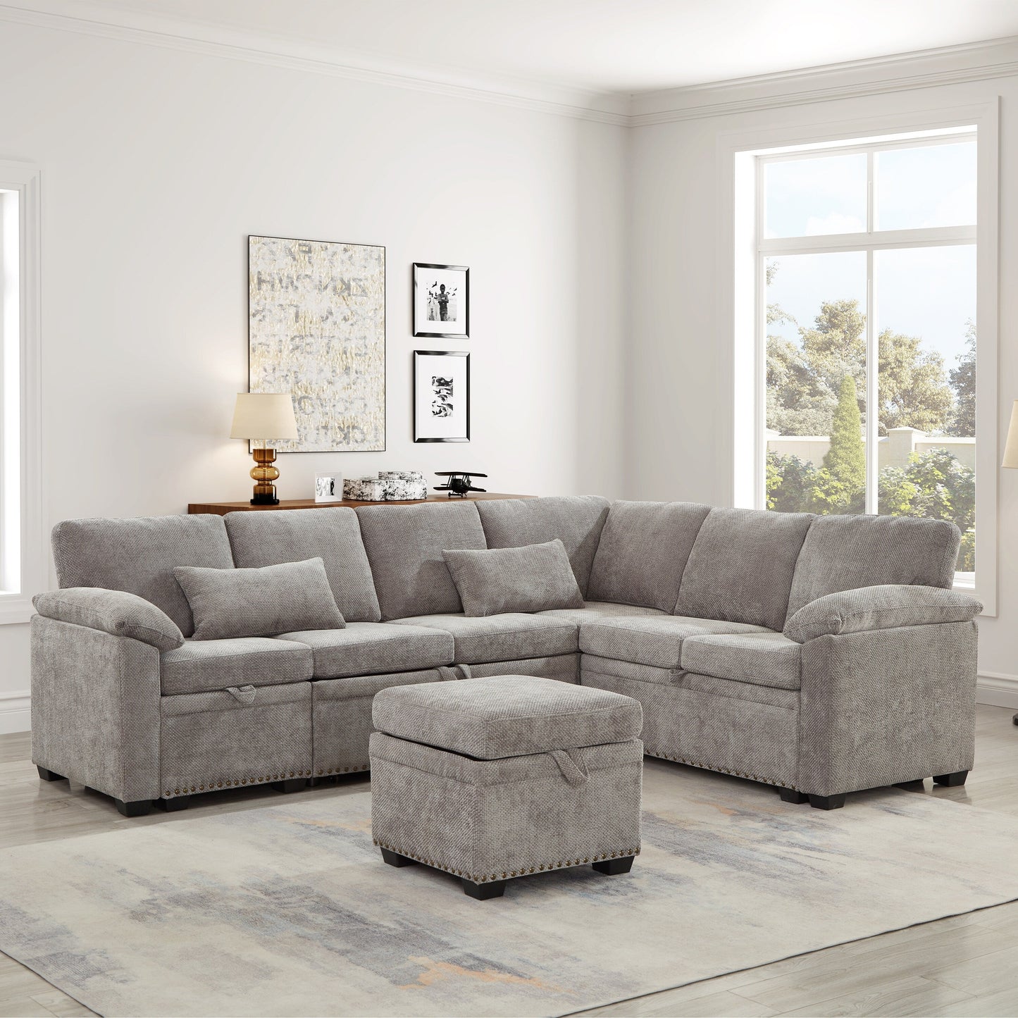 Canapé sectionnel moderne en chenille en forme de L avec canapé-lit gigogne, sièges de rangement, pouf et 2 oreillers pour le salon