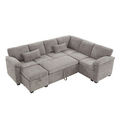 Canapé sectionnel moderne en chenille en forme de L avec canapé-lit gigogne, sièges de rangement, pouf et 2 oreillers pour le salon