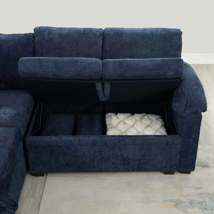 Canapé sectionnel moderne en chenille en forme de L avec canapé-lit gigogne, sièges de rangement, pouf et 2 oreillers pour le salon