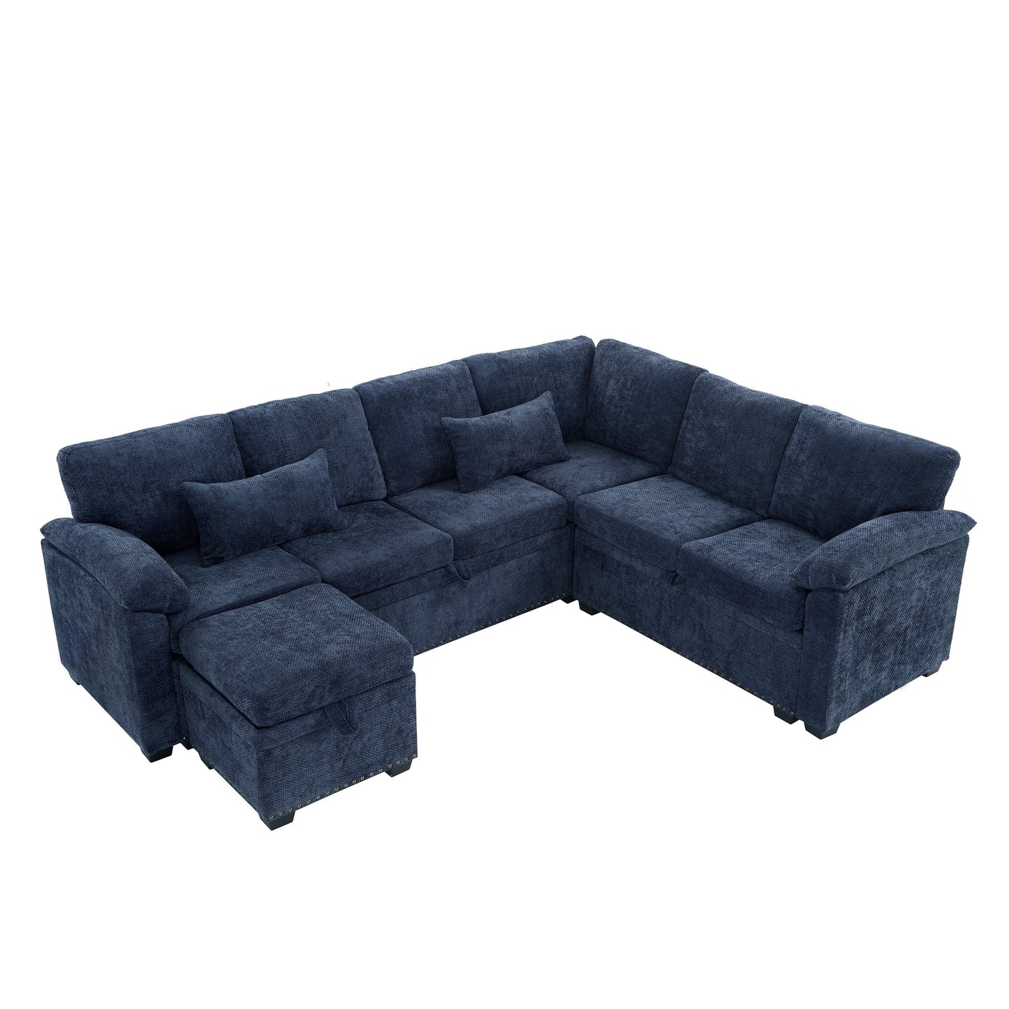 Canapé sectionnel moderne en chenille en forme de L avec canapé-lit gigogne, sièges de rangement, pouf et 2 oreillers pour le salon
