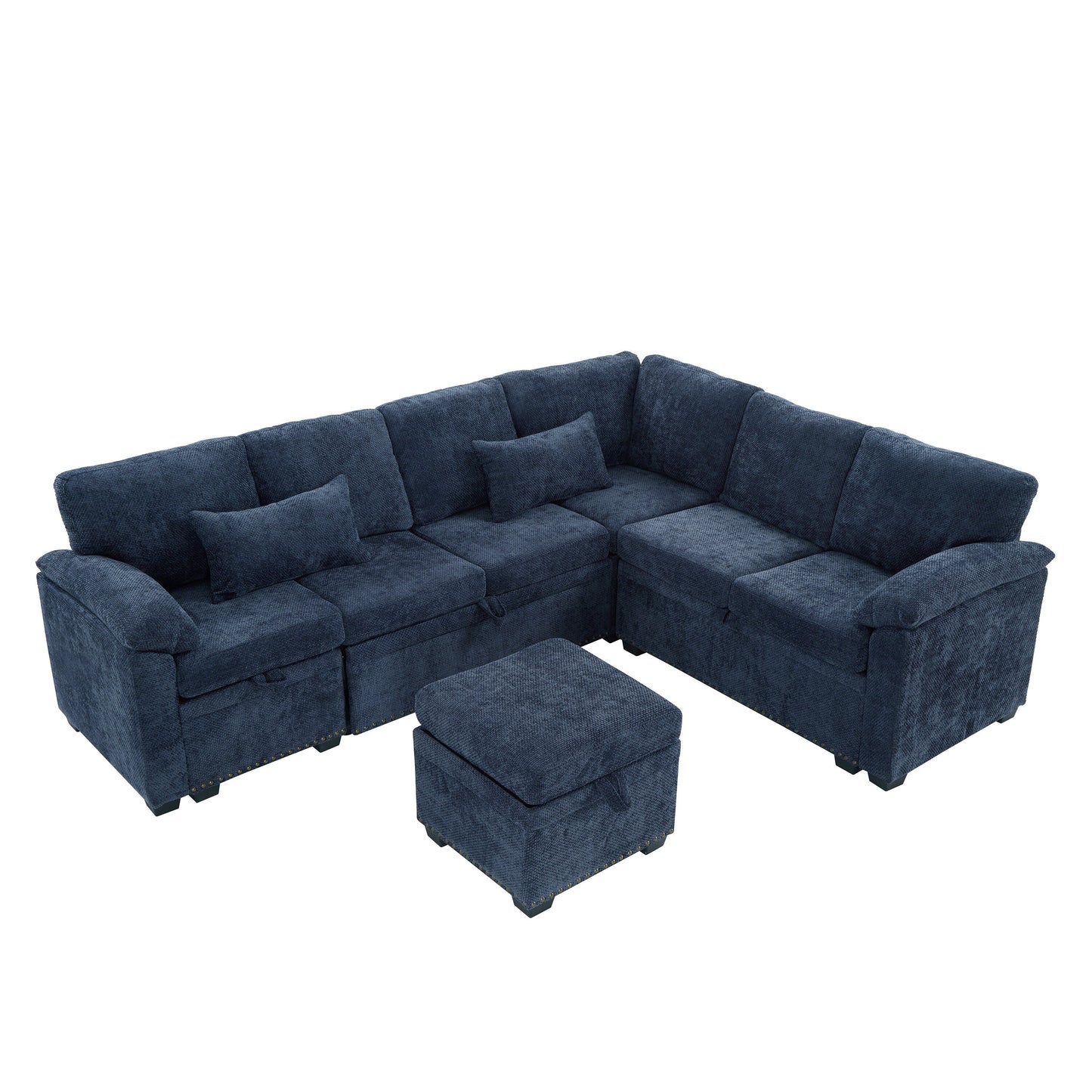 Canapé sectionnel moderne en chenille en forme de L avec canapé-lit gigogne, sièges de rangement, pouf et 2 oreillers pour le salon