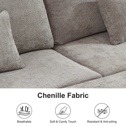 Canapé sectionnel moderne en chenille en forme de L avec canapé-lit gigogne, sièges de rangement, pouf et 2 oreillers pour le salon