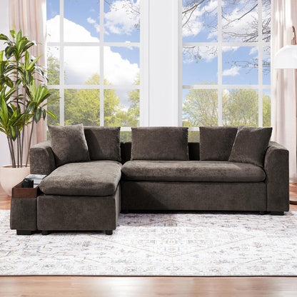 Canapé sectionnel moderne en chenille en forme de L avec compartiment de rangement en bois et coussins assortis pour le salon