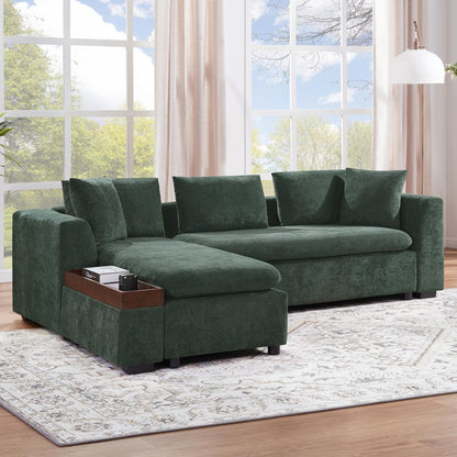 Canapé sectionnel moderne en chenille en forme de L avec compartiment de rangement en bois et coussins assortis pour le salon