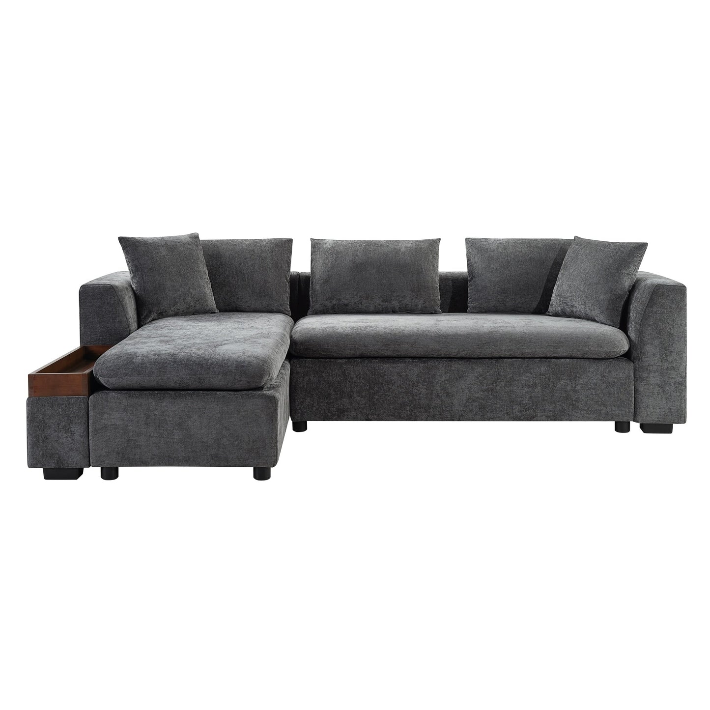Canapé sectionnel moderne en chenille en forme de L avec compartiment de rangement en bois et coussins assortis pour le salon
