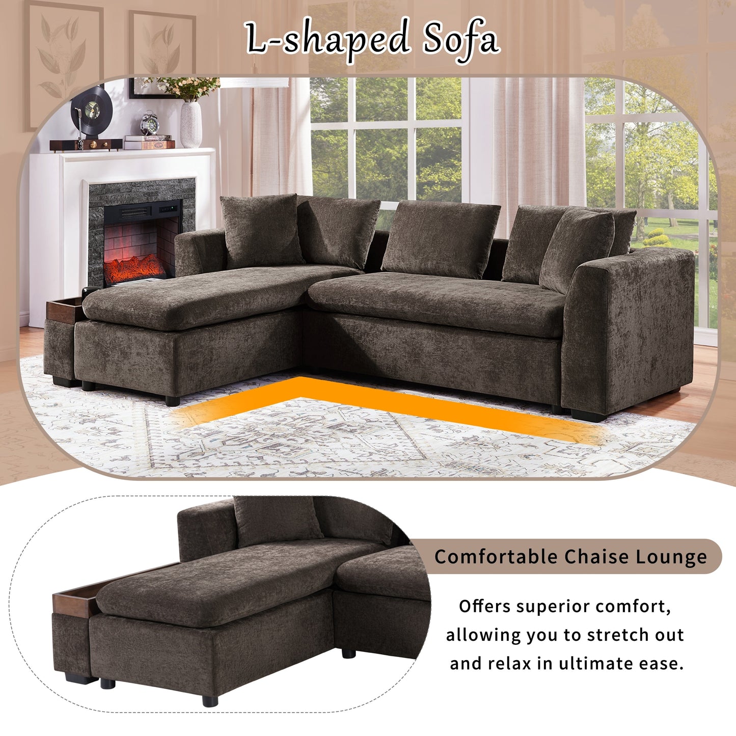 Canapé sectionnel moderne en chenille en forme de L avec compartiment de rangement en bois et coussins assortis pour le salon