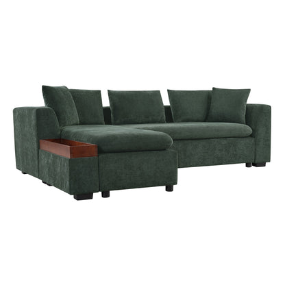 Canapé sectionnel moderne en chenille en forme de L avec compartiment de rangement en bois et coussins assortis pour le salon
