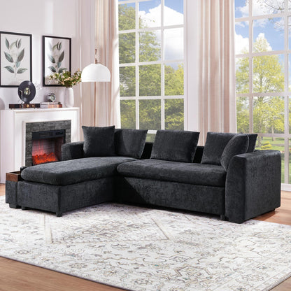 Canapé sectionnel moderne en chenille en forme de L avec compartiment de rangement en bois et coussins assortis pour le salon