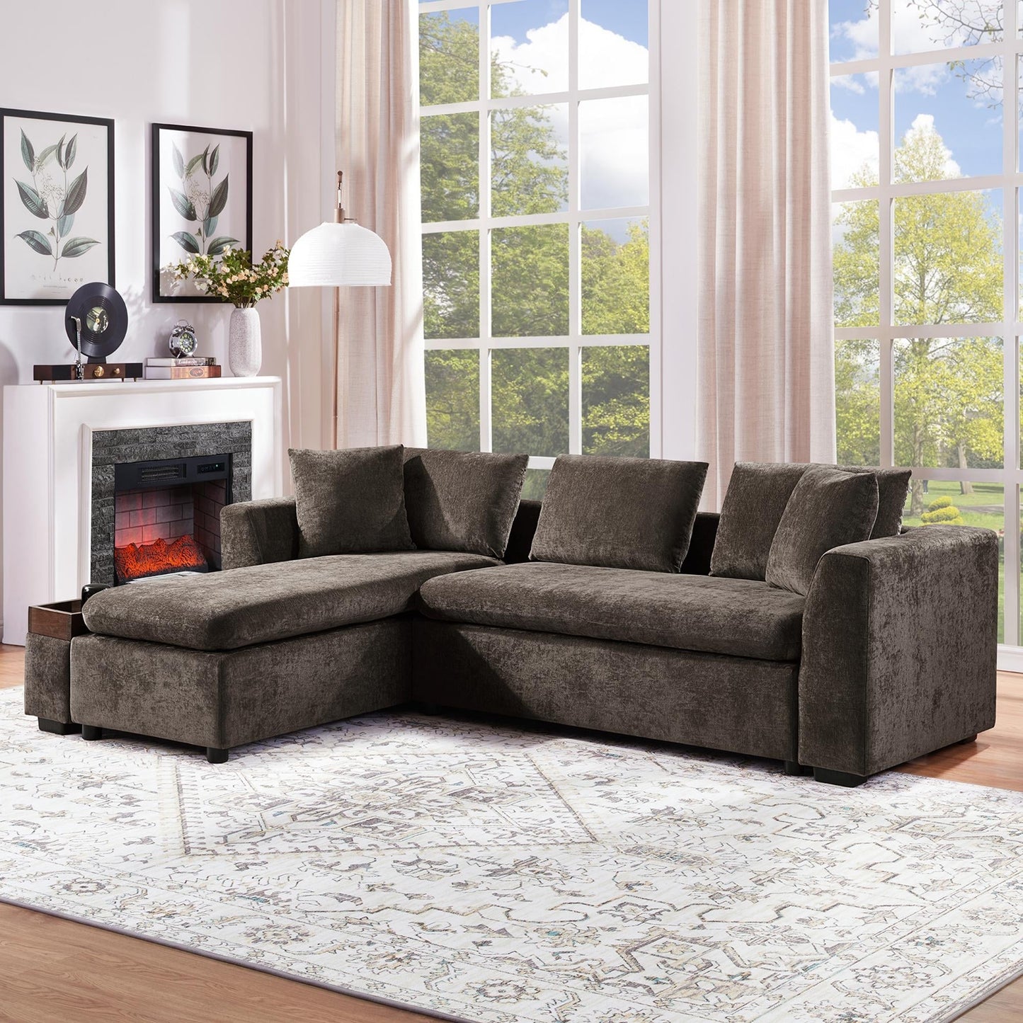 Canapé sectionnel moderne en chenille en forme de L avec compartiment de rangement en bois et coussins assortis pour le salon