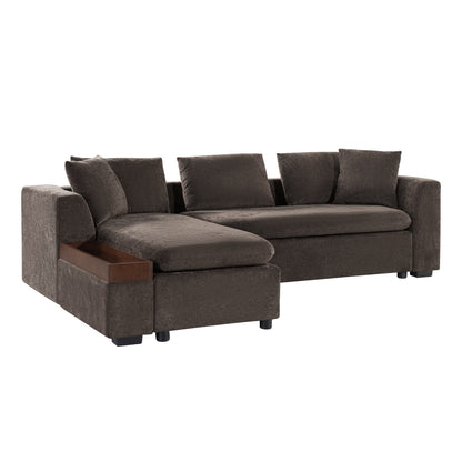 Canapé sectionnel moderne en chenille en forme de L avec compartiment de rangement en bois et coussins assortis pour le salon