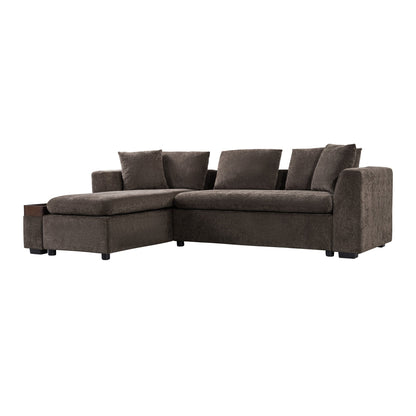 Canapé sectionnel moderne en chenille en forme de L avec compartiment de rangement en bois et coussins assortis pour le salon