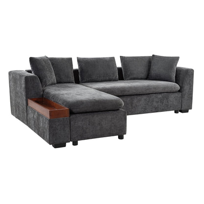 Canapé sectionnel moderne en chenille en forme de L avec compartiment de rangement en bois et coussins assortis pour le salon