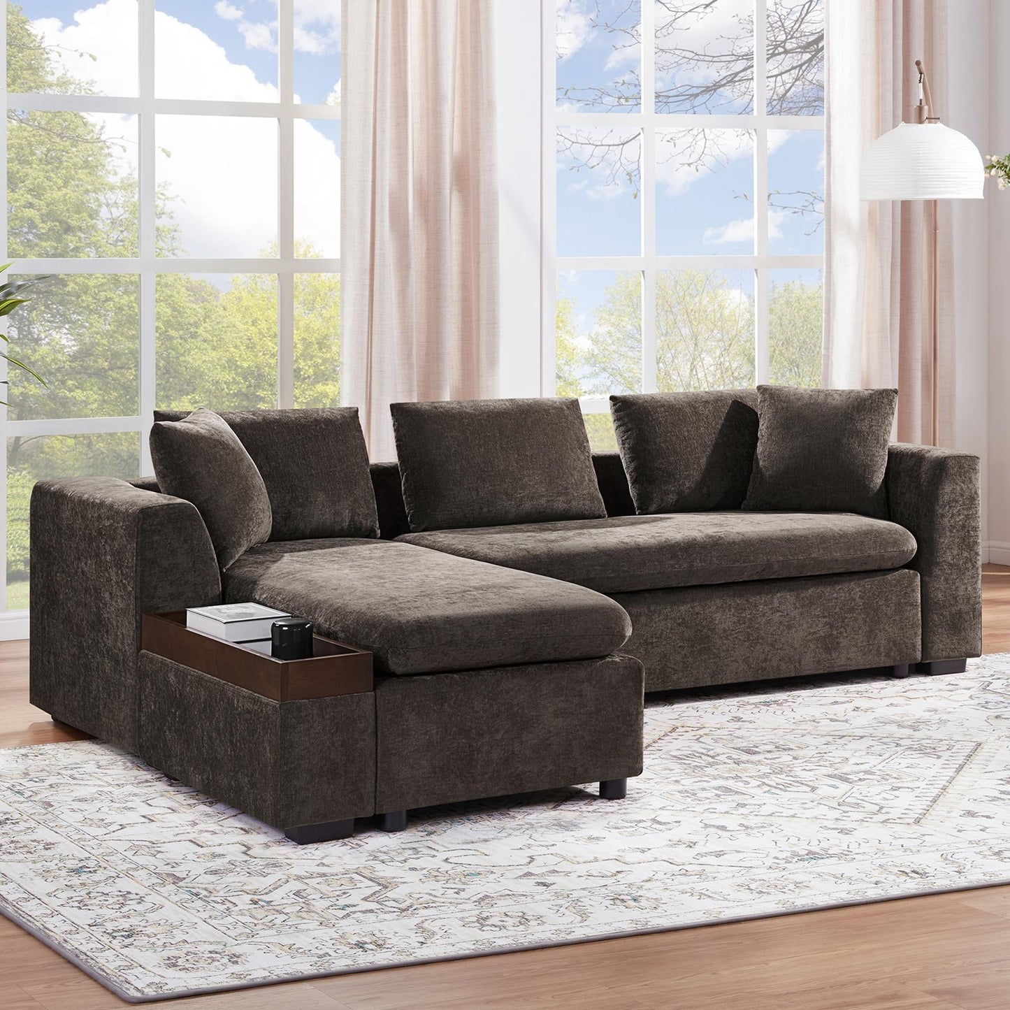 Canapé sectionnel moderne en chenille en forme de L avec compartiment de rangement en bois et coussins assortis pour le salon