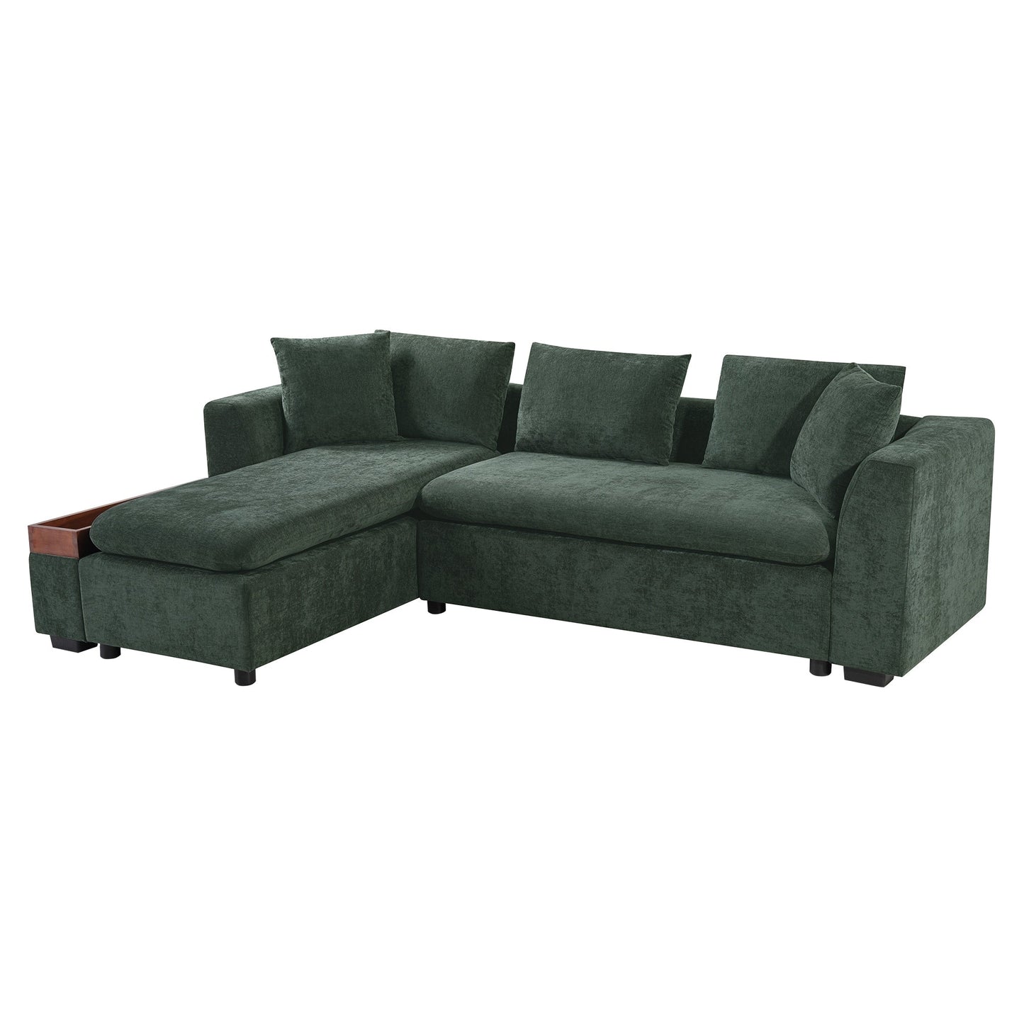 Canapé sectionnel moderne en chenille en forme de L avec compartiment de rangement en bois et coussins assortis pour le salon