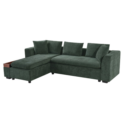 Canapé sectionnel moderne en chenille en forme de L avec compartiment de rangement en bois et coussins assortis pour le salon