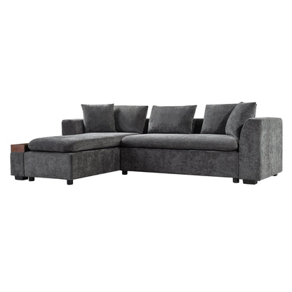 Canapé sectionnel moderne en chenille en forme de L avec compartiment de rangement en bois et coussins assortis pour le salon