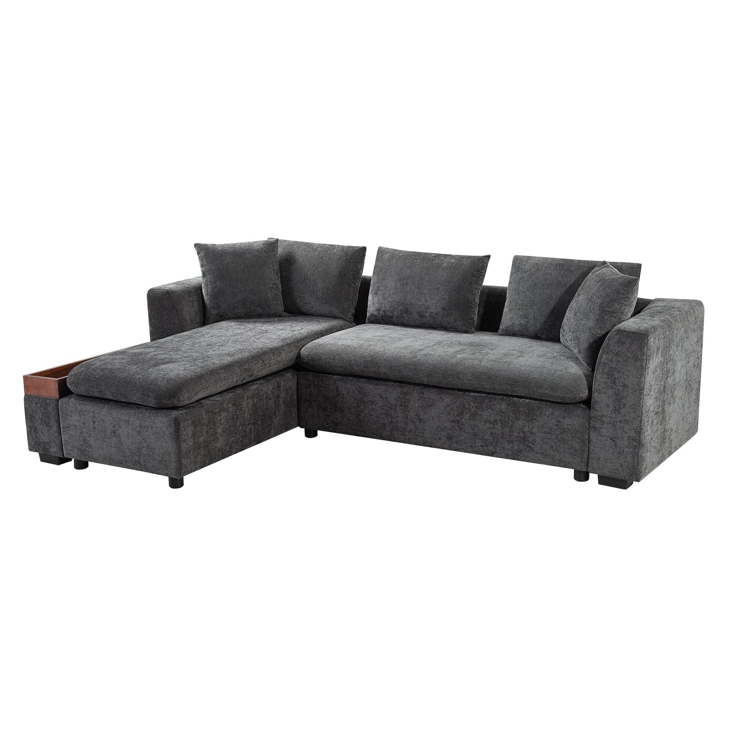 Canapé sectionnel moderne en chenille en forme de L avec compartiment de rangement en bois et coussins assortis pour le salon