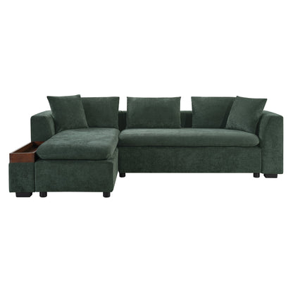 Canapé sectionnel moderne en chenille en forme de L avec compartiment de rangement en bois et coussins assortis pour le salon