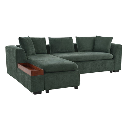 Canapé sectionnel moderne en chenille en forme de L avec compartiment de rangement en bois et coussins assortis pour le salon
