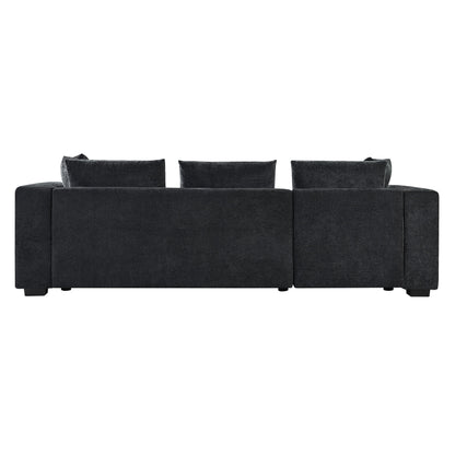 Canapé sectionnel moderne en chenille en forme de L avec compartiment de rangement en bois et coussins assortis pour le salon