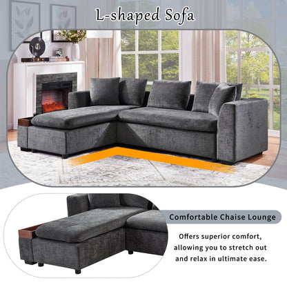 Canapé sectionnel moderne en chenille en forme de L avec compartiment de rangement en bois et coussins assortis pour le salon