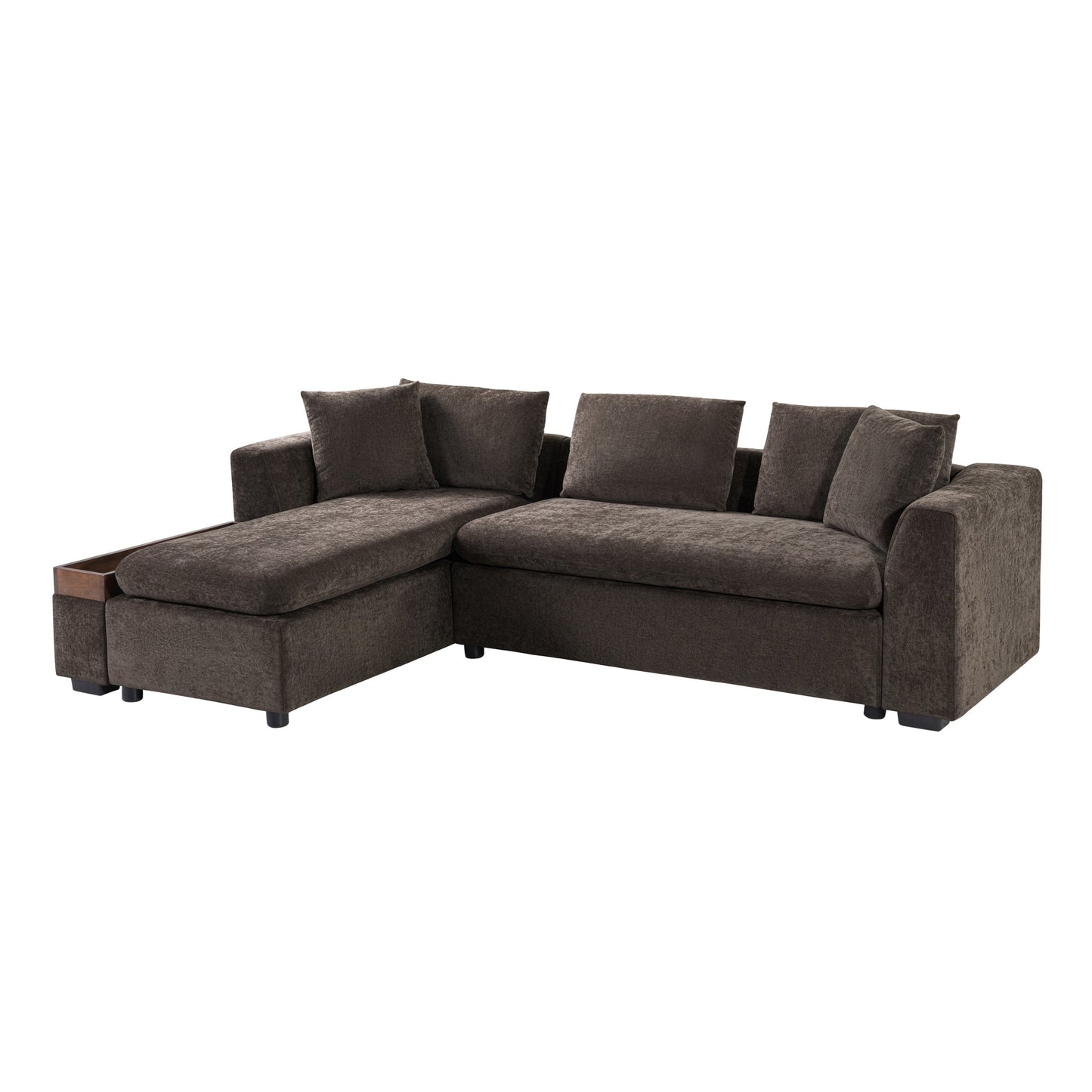 Canapé sectionnel moderne en chenille en forme de L avec compartiment de rangement en bois et coussins assortis pour le salon
