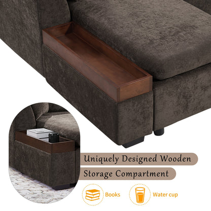 Canapé sectionnel moderne en chenille en forme de L avec compartiment de rangement en bois et coussins assortis pour le salon