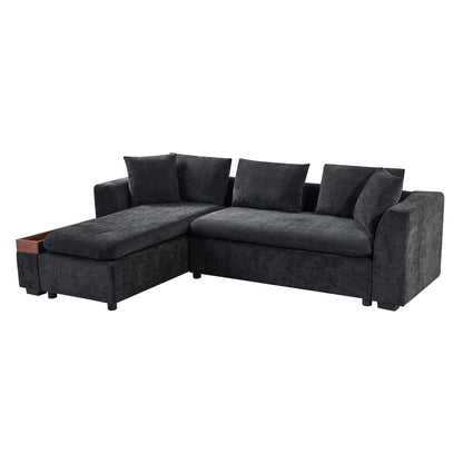 Canapé sectionnel moderne en chenille en forme de L avec compartiment de rangement en bois et coussins assortis pour le salon