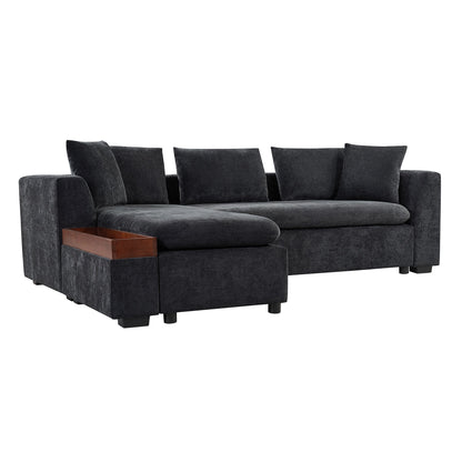 Canapé sectionnel moderne en chenille en forme de L avec compartiment de rangement en bois et coussins assortis pour le salon
