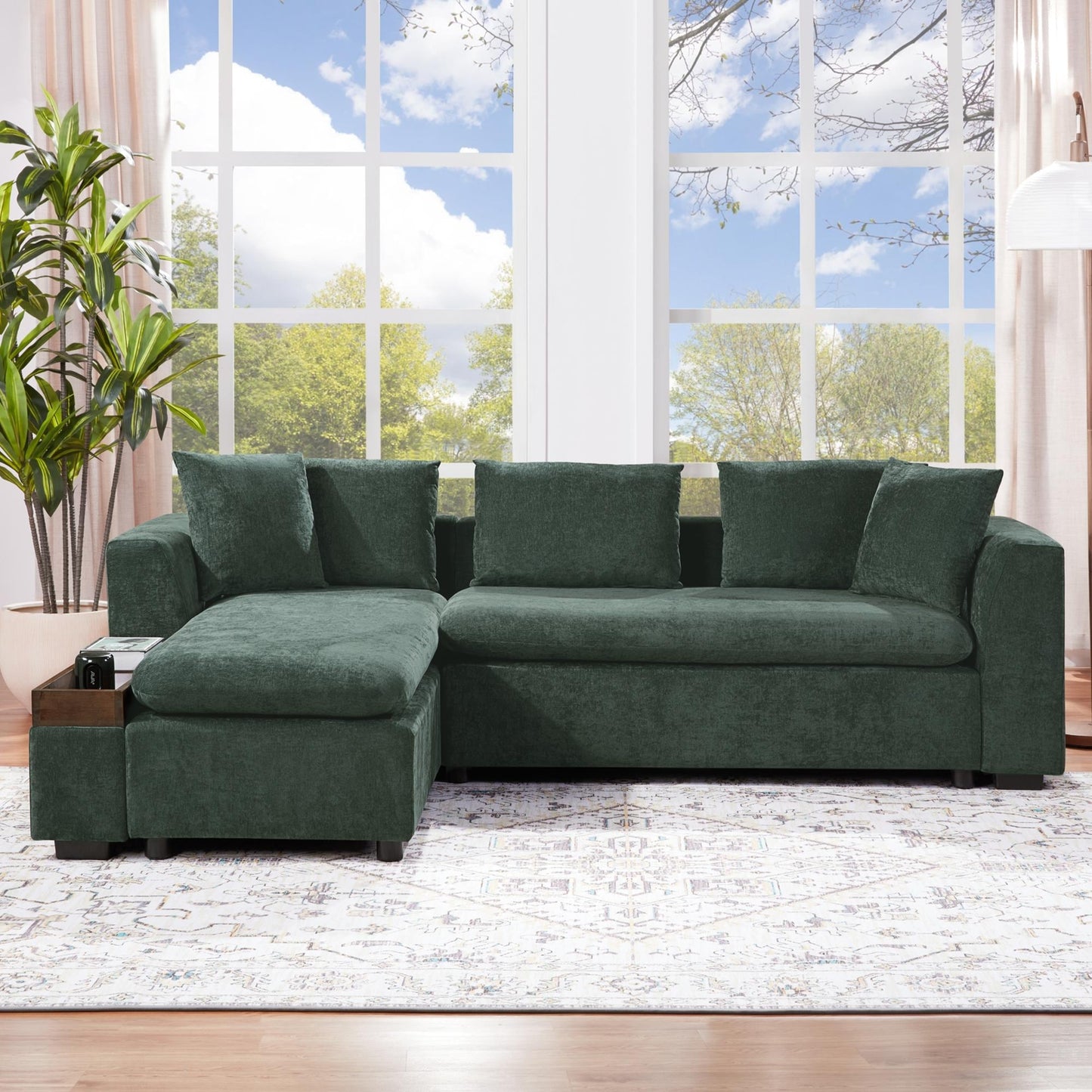 Canapé sectionnel moderne en chenille en forme de L avec compartiment de rangement en bois et coussins assortis pour le salon
