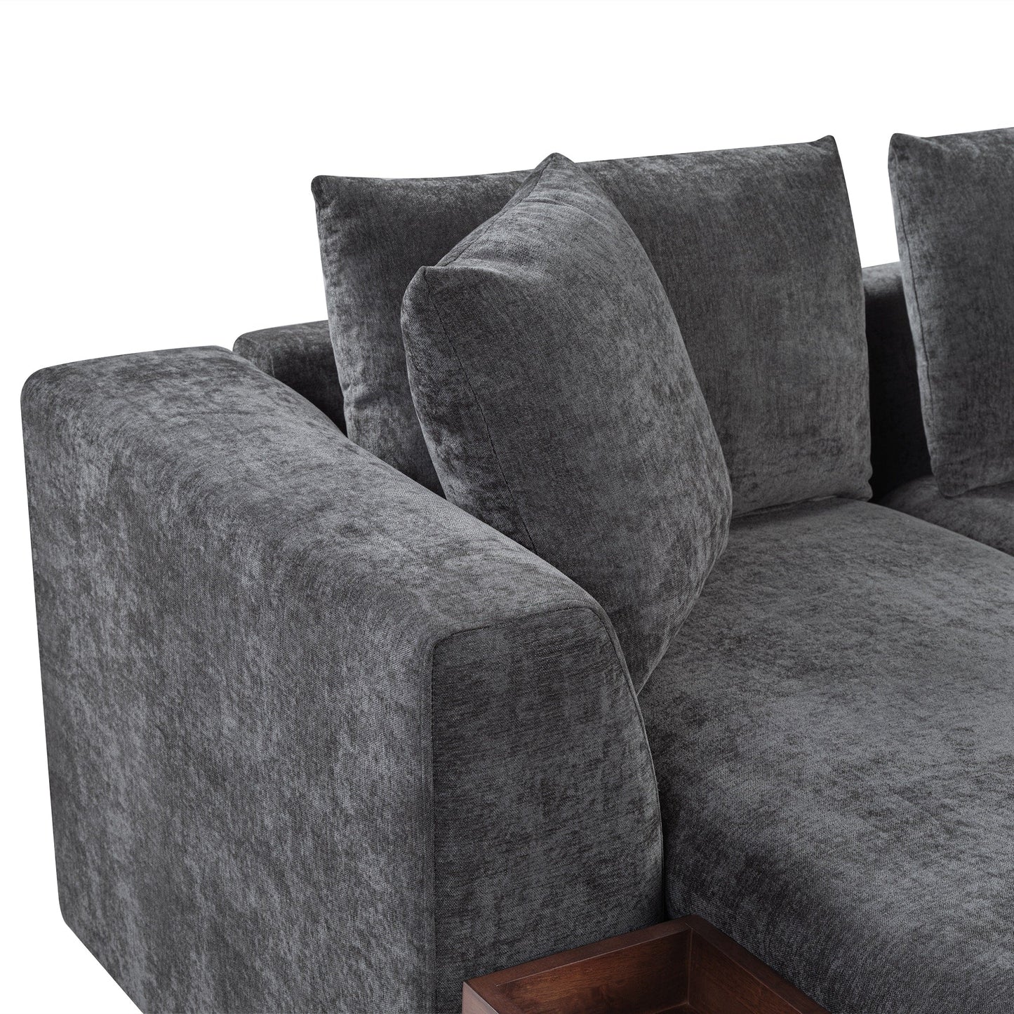Canapé sectionnel moderne en chenille en forme de L avec compartiment de rangement en bois et coussins assortis pour le salon