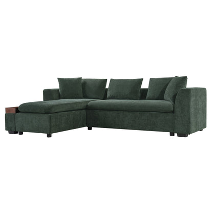 Canapé sectionnel moderne en chenille en forme de L avec compartiment de rangement en bois et coussins assortis pour le salon
