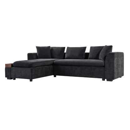 Canapé sectionnel moderne en chenille en forme de L avec compartiment de rangement en bois et coussins assortis pour le salon