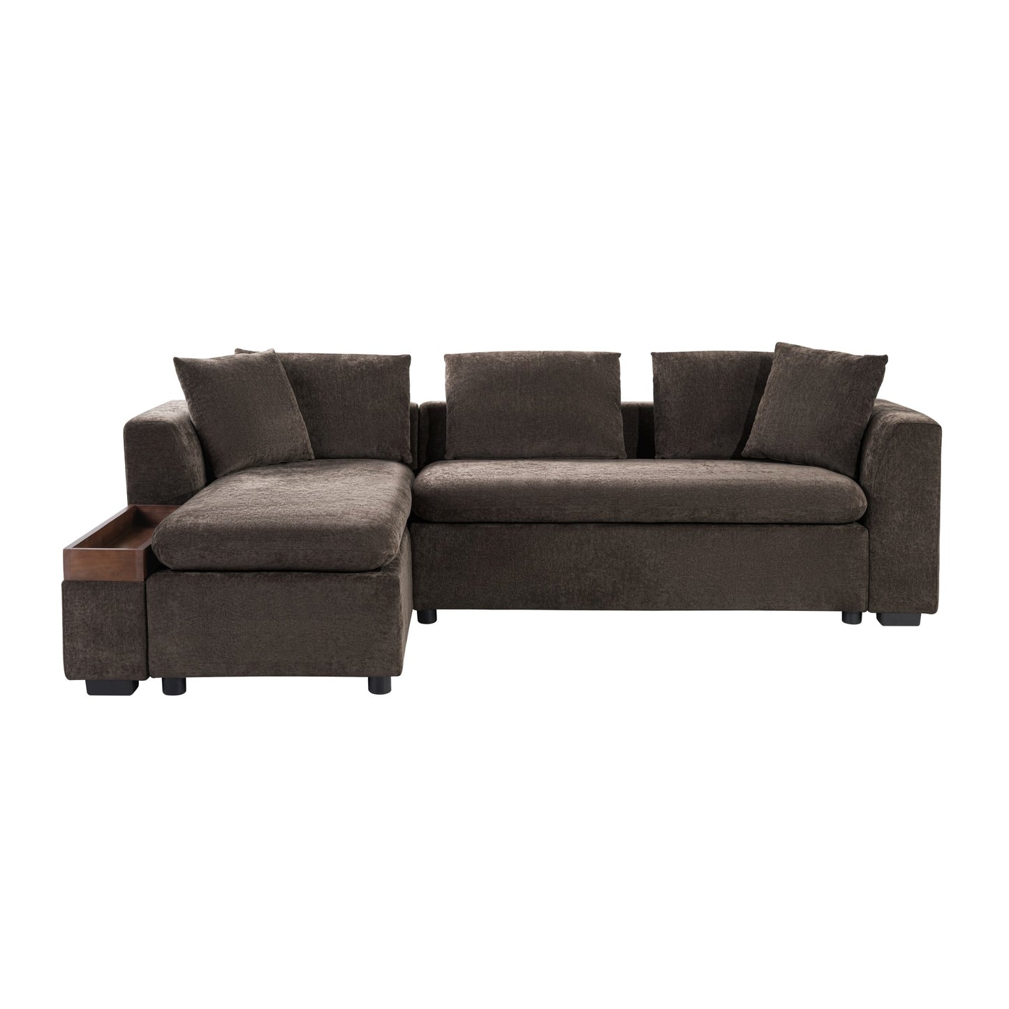 Canapé sectionnel moderne en chenille en forme de L avec compartiment de rangement en bois et coussins assortis pour le salon