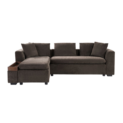 Canapé sectionnel moderne en chenille en forme de L avec compartiment de rangement en bois et coussins assortis pour le salon