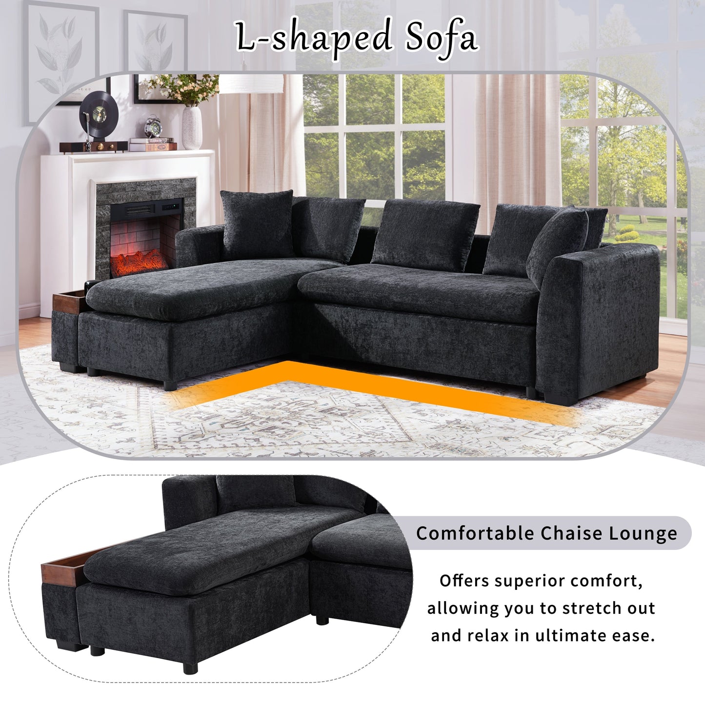 Canapé sectionnel moderne en chenille en forme de L avec compartiment de rangement en bois et coussins assortis pour le salon