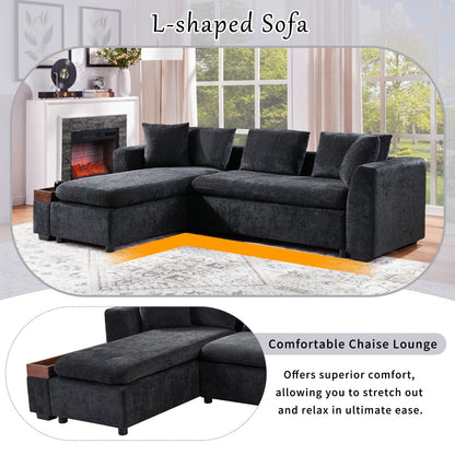 Canapé sectionnel moderne en chenille en forme de L avec compartiment de rangement en bois et coussins assortis pour le salon