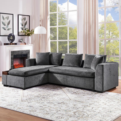 Canapé sectionnel moderne en chenille en forme de L avec compartiment de rangement en bois et coussins assortis pour le salon