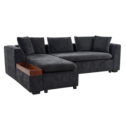 Canapé sectionnel moderne en chenille en forme de L avec compartiment de rangement en bois et coussins assortis pour le salon
