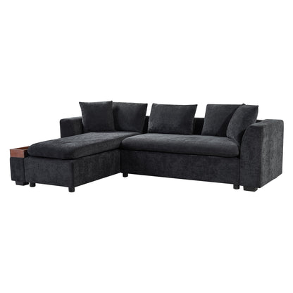 Canapé sectionnel moderne en chenille en forme de L avec compartiment de rangement en bois et coussins assortis pour le salon