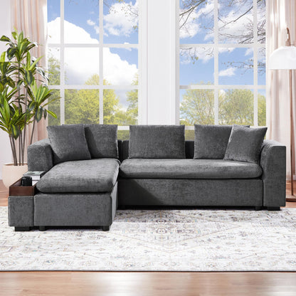 Canapé sectionnel moderne en chenille en forme de L avec compartiment de rangement en bois et coussins assortis pour le salon