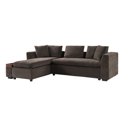 Canapé sectionnel moderne en chenille en forme de L avec compartiment de rangement en bois et coussins assortis pour le salon