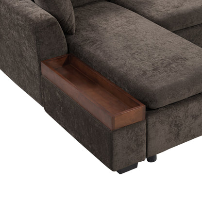 Canapé sectionnel moderne en chenille en forme de L avec compartiment de rangement en bois et coussins assortis pour le salon