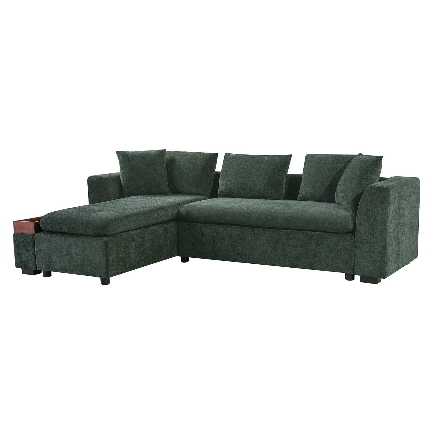 Canapé sectionnel moderne en chenille en forme de L avec compartiment de rangement en bois et coussins assortis pour le salon