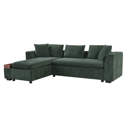 Canapé sectionnel moderne en chenille en forme de L avec compartiment de rangement en bois et coussins assortis pour le salon