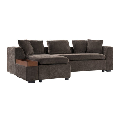 Canapé sectionnel moderne en chenille en forme de L avec compartiment de rangement en bois et coussins assortis pour le salon